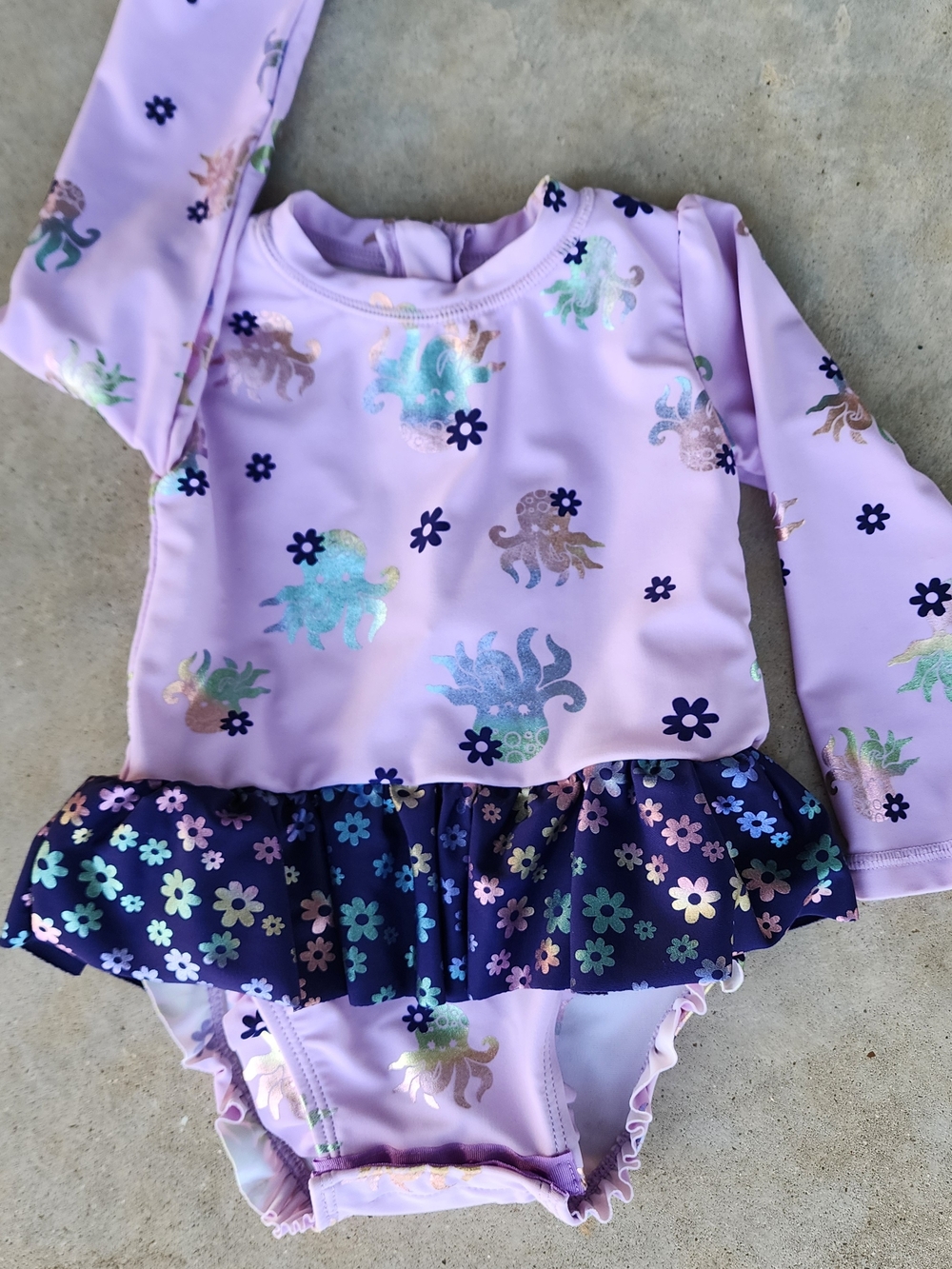 Girls' Lilac Octopus Print Long-Sleeve One-Piece Swimsuit with Navy Floral Skirt